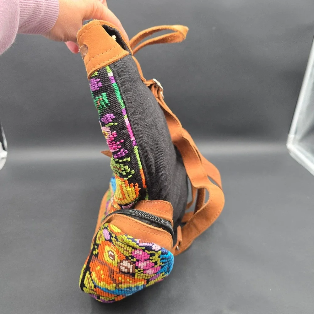Guatemalan Huipil Hand Woven Bird Tapestry Floral Boho Bag Backpack Leather